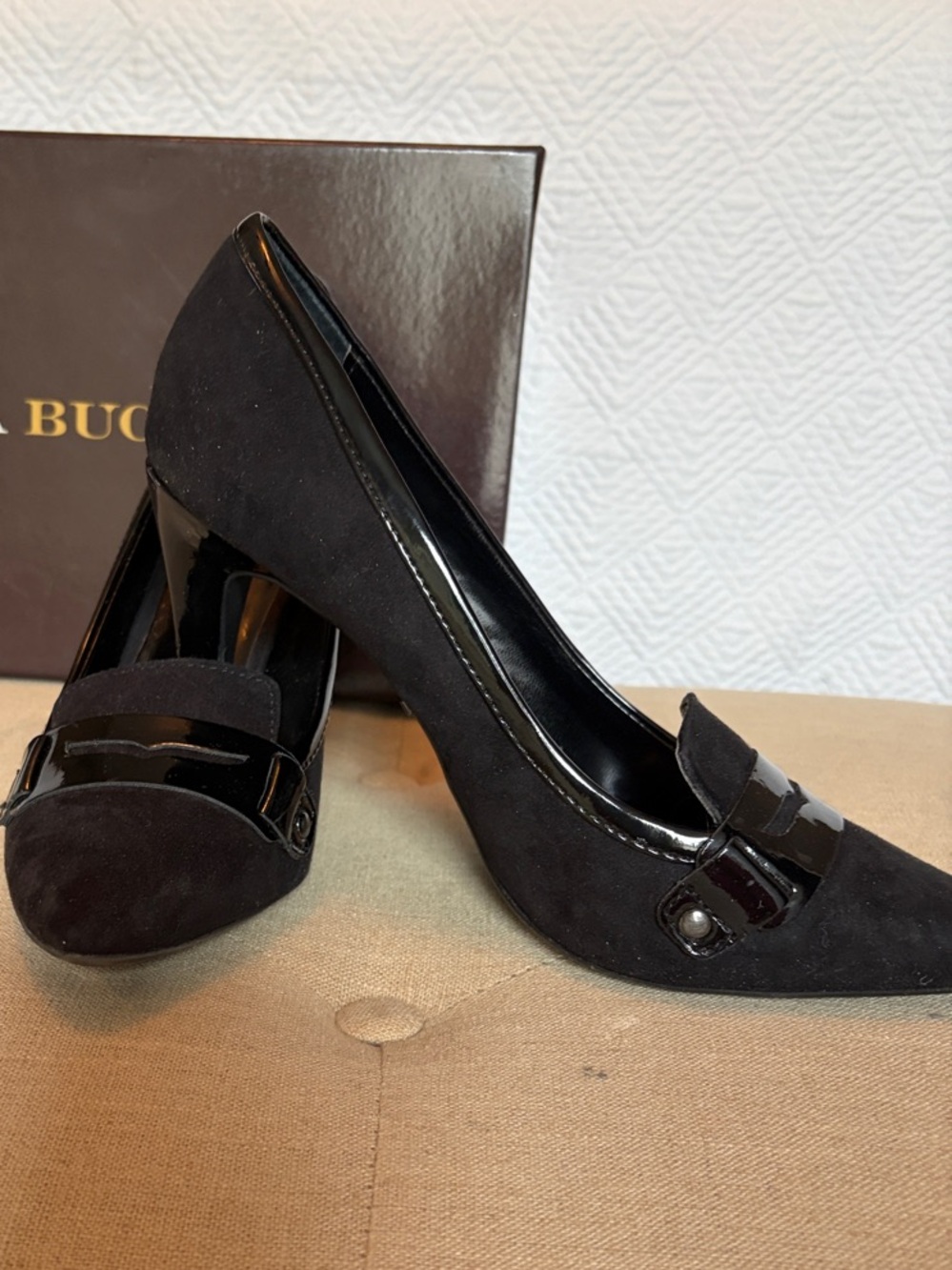 Dana Buchman Black Faux Suede and Patent Loafer-Trim Pumps